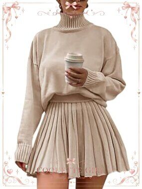 Turtleneck Sweater and Pleated Mini Skirt Two Piece Set